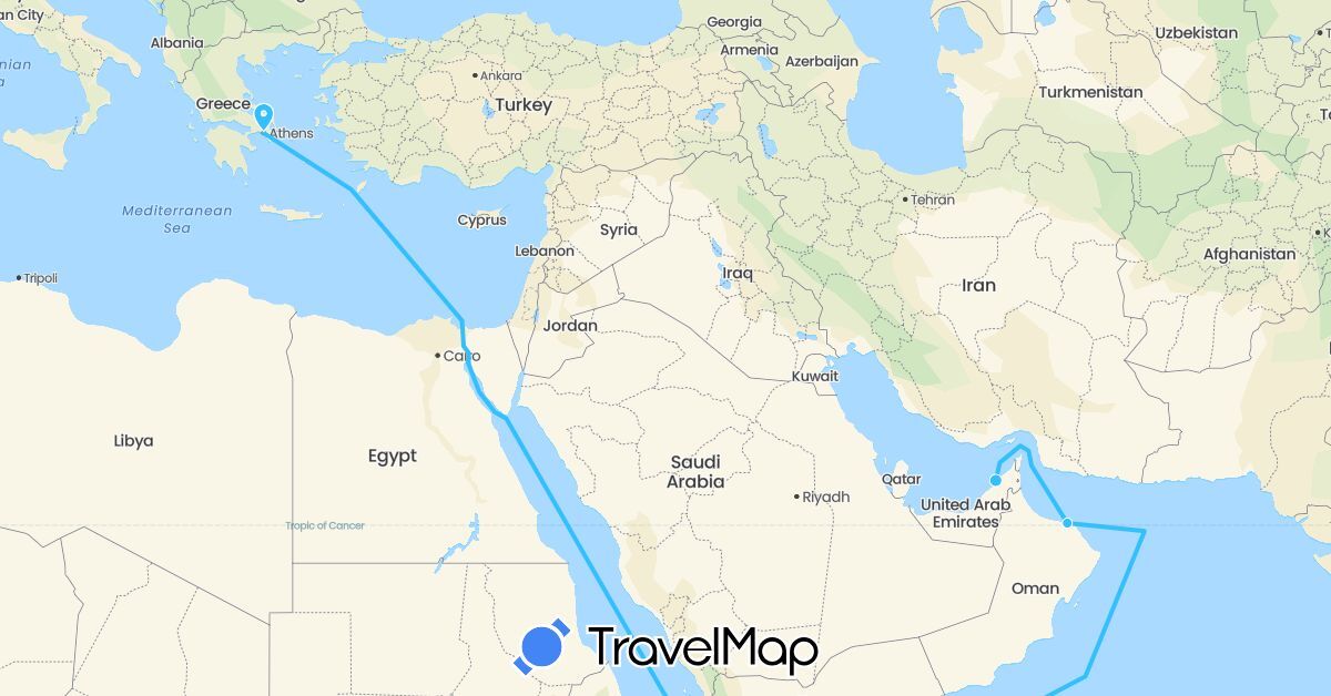 TravelMap itinerary: driving, boat in United Arab Emirates, Greece, Oman (Asia, Europe)